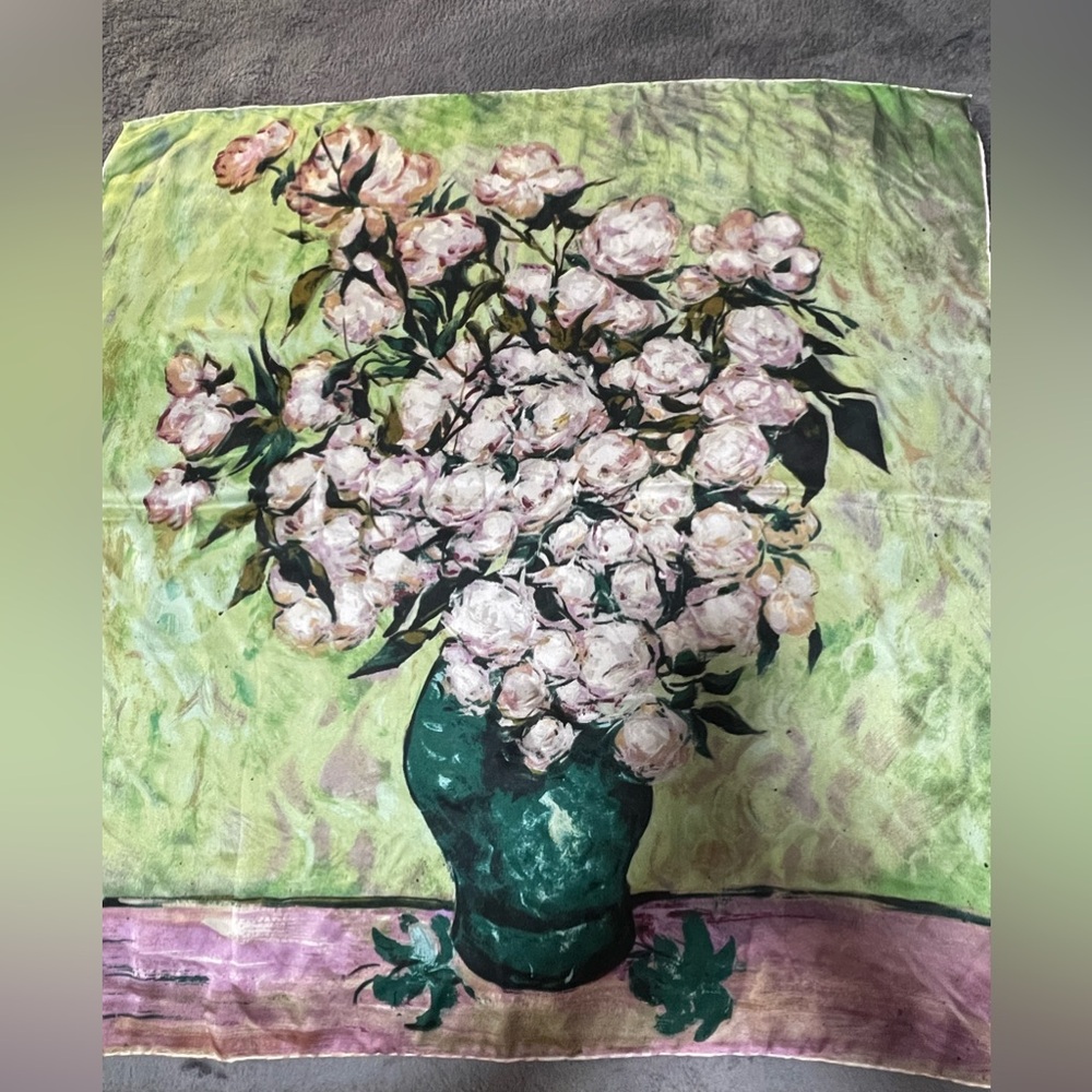 Vintage Silk Scarf Van Gogh Vase with Pink Roses – Hand Rolled edges, 32” Square